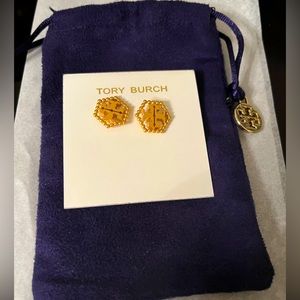 Tory Burch Milgrain Hex Stud Earrings Gold Logo Studded.